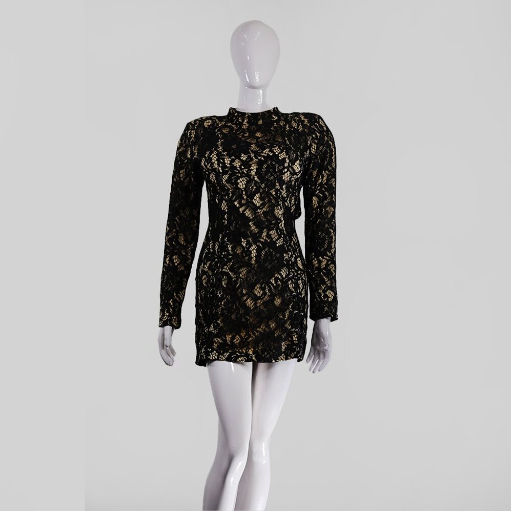 Elegant Black Gold Lace Mini Dress, Long Sleeve Bodycon